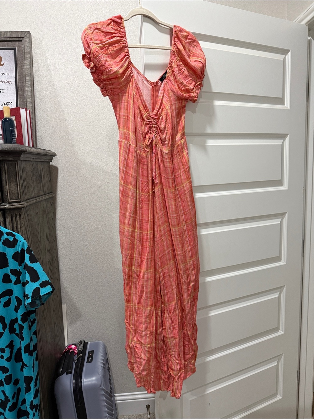Versona Pink-Orange Plaid Ruched Maxi jumpsuit/romper